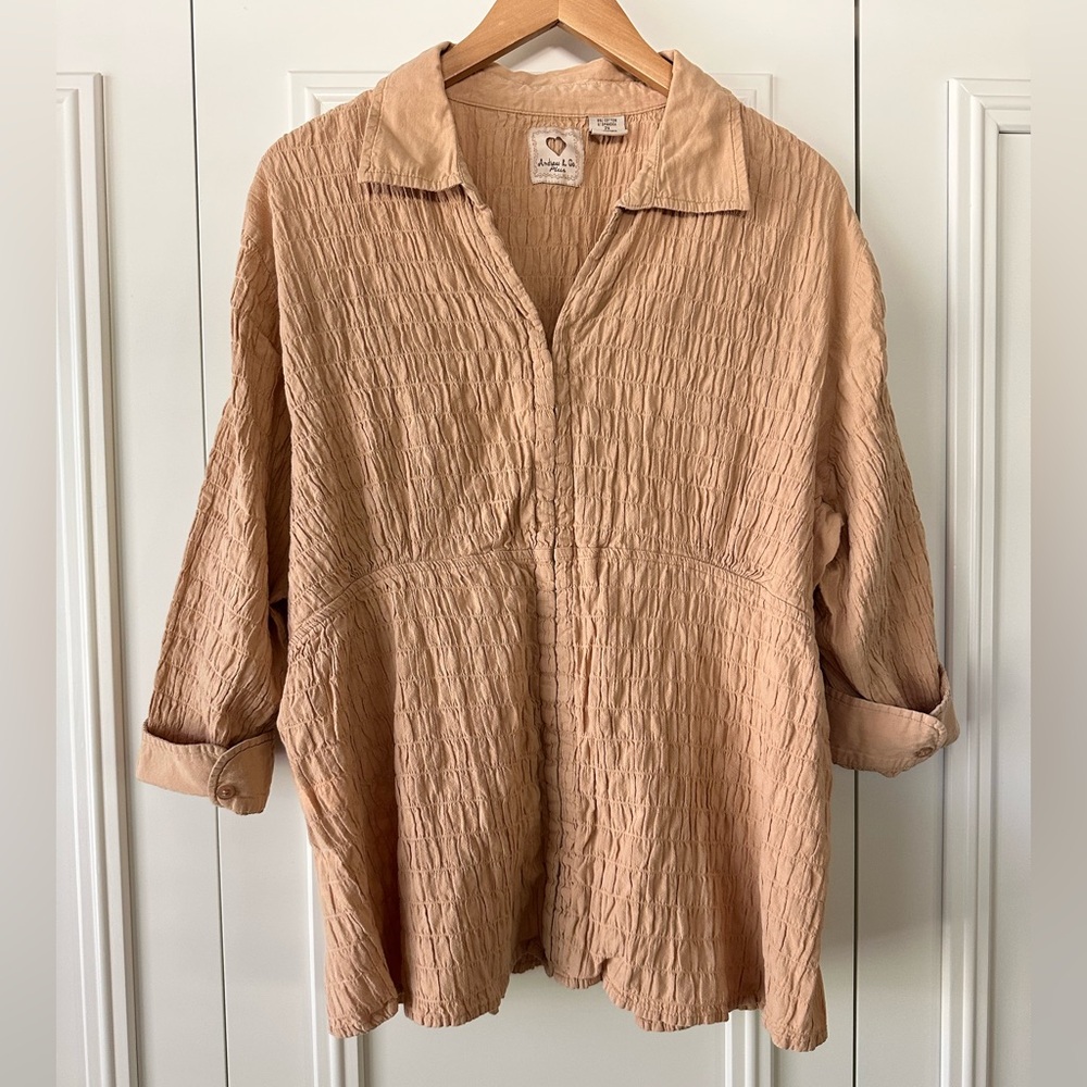 Andrew & Co Crinkle Button Down Tan Shirt, Size 2X - Picture 1 of 8